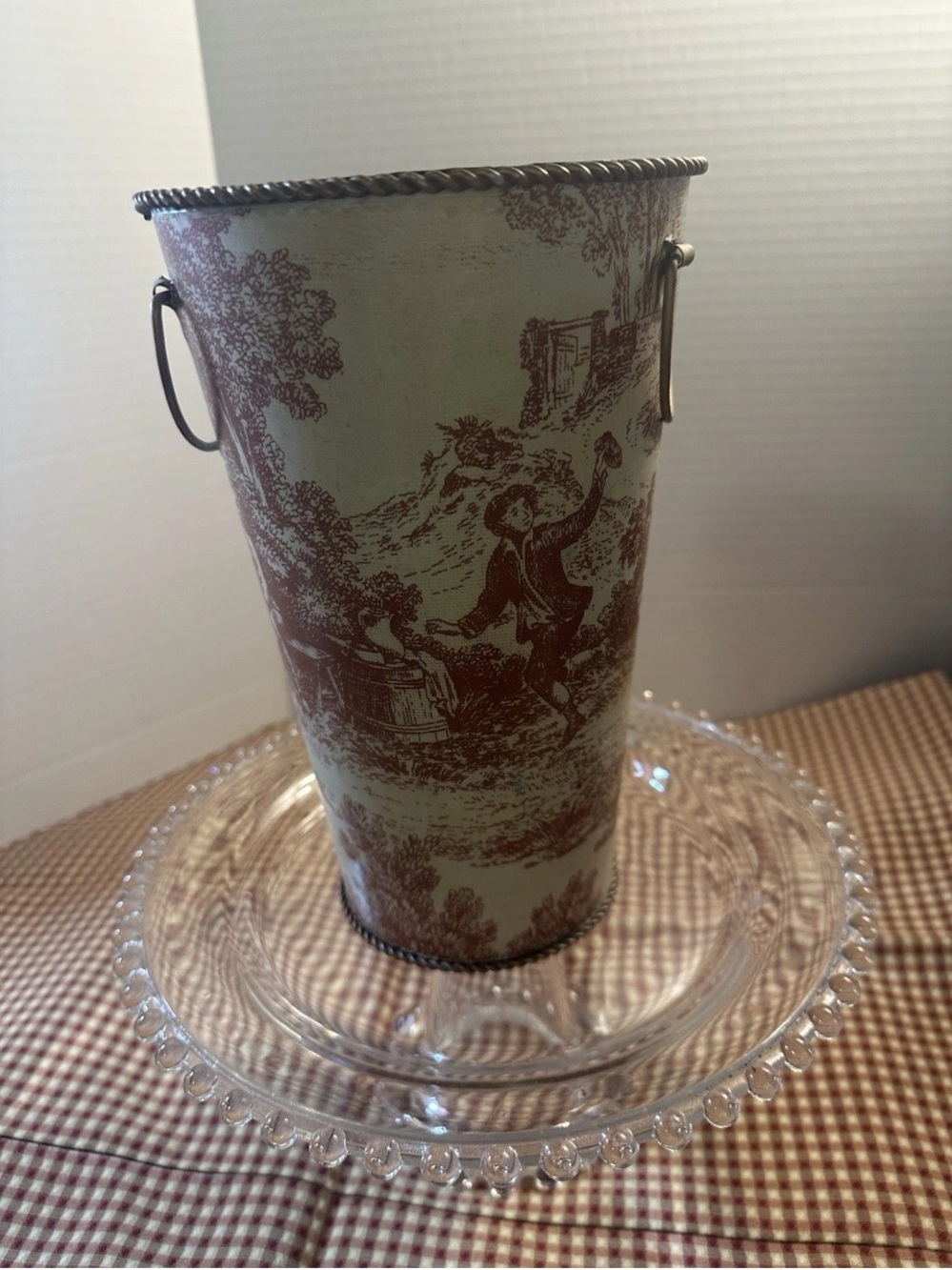 Vintage Metal Vase With Handles Red Toile Pattern